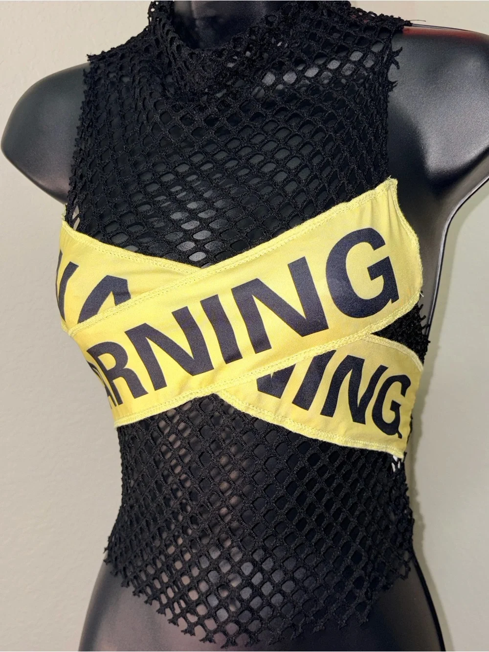 Black Fishnet Crop Top with Yellow Warning Band - Picture 3 of 5